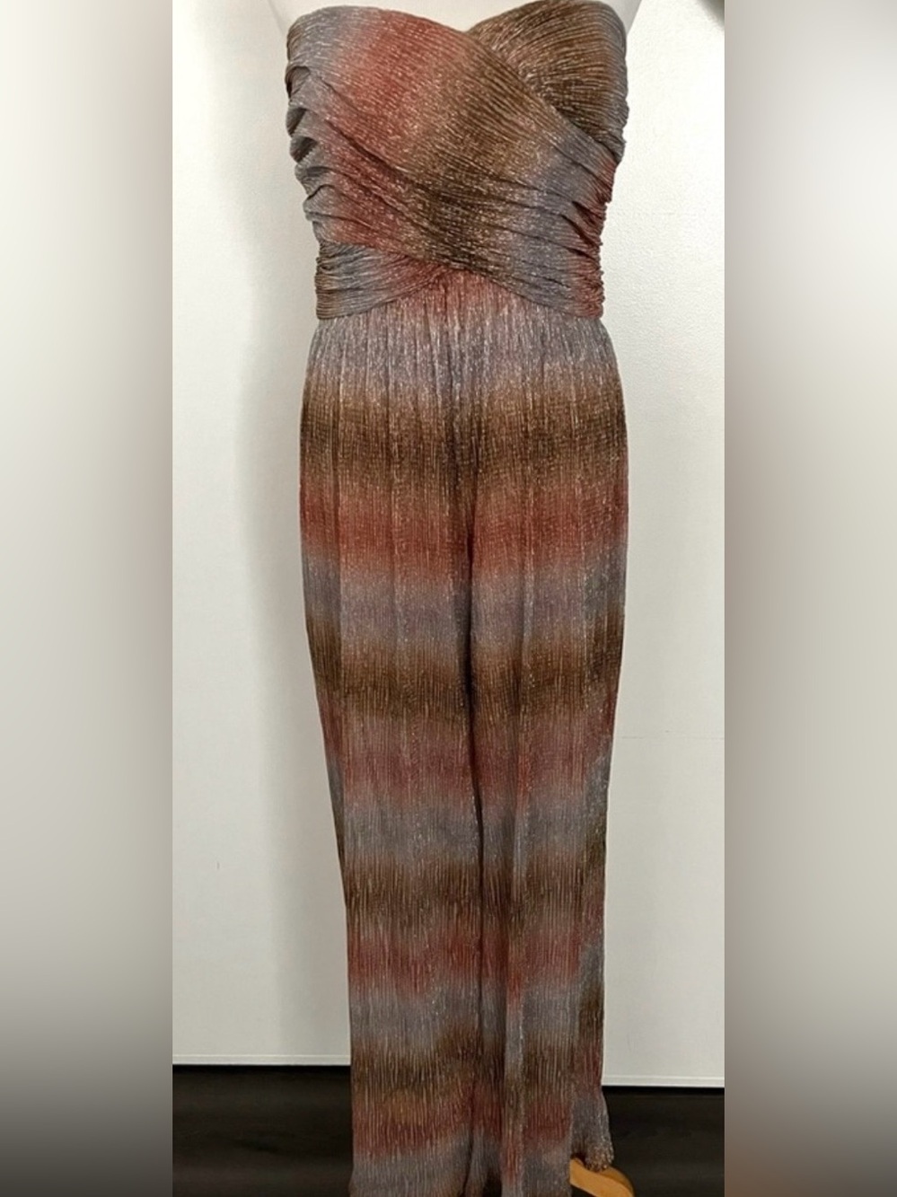 New York & Company Strapless Shimmer Jumpsuit in Gold and Bronze